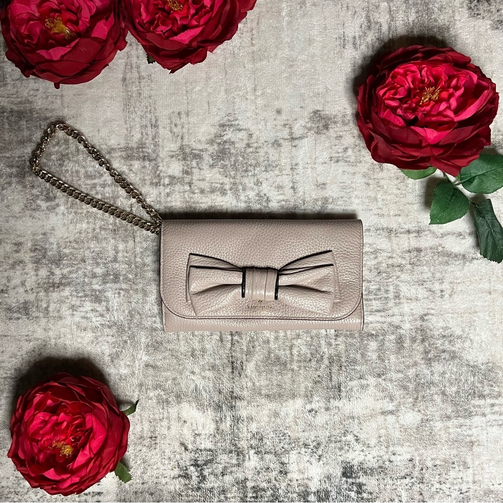 Kate Spade milou rosewood place bow clutch in almond with gold chain strap